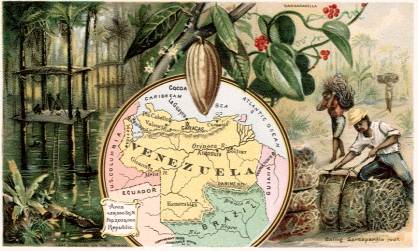 Venezuela map - Lake Dwelling on the Orinoco; Sarsaparilla; Baling Sarsaparilla Root
