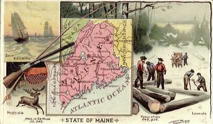 Maine map - Ship Building, Hunting, Logging