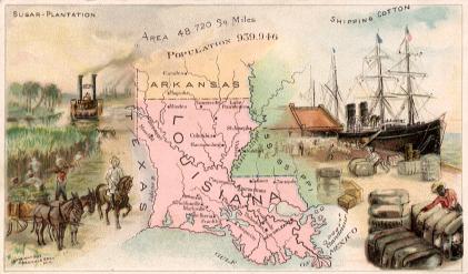 Louisiana map - Sugar plantation, shipping cotton