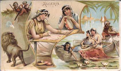 Algeria - lion hunting, embroidering, lute playing