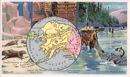Alaska map - Seals resting on the ice; Stamp Mill; Salmon Fishing