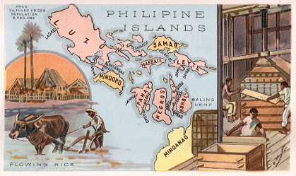 Philippine Islands map - Plowing Rice; Baling Hemp