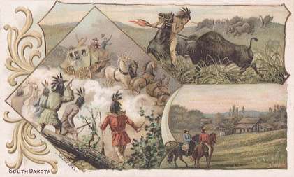 South Dakota - Old-Time Buffalo Hunt; First Settlement, Sioux Falls; Indians Attacking Deadwood Stage